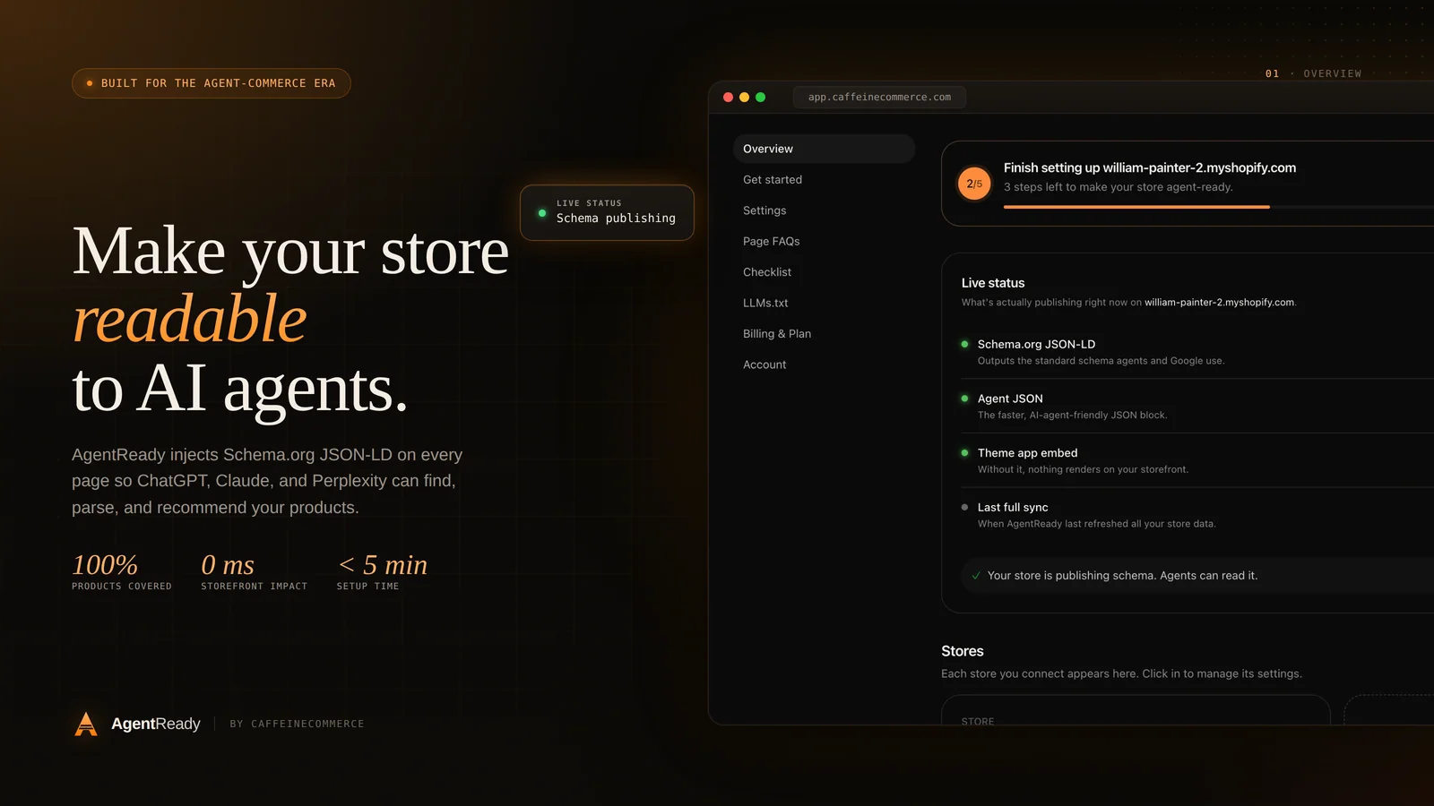 AgentReady dashboard showing live publishing status, structured data, and theme embed