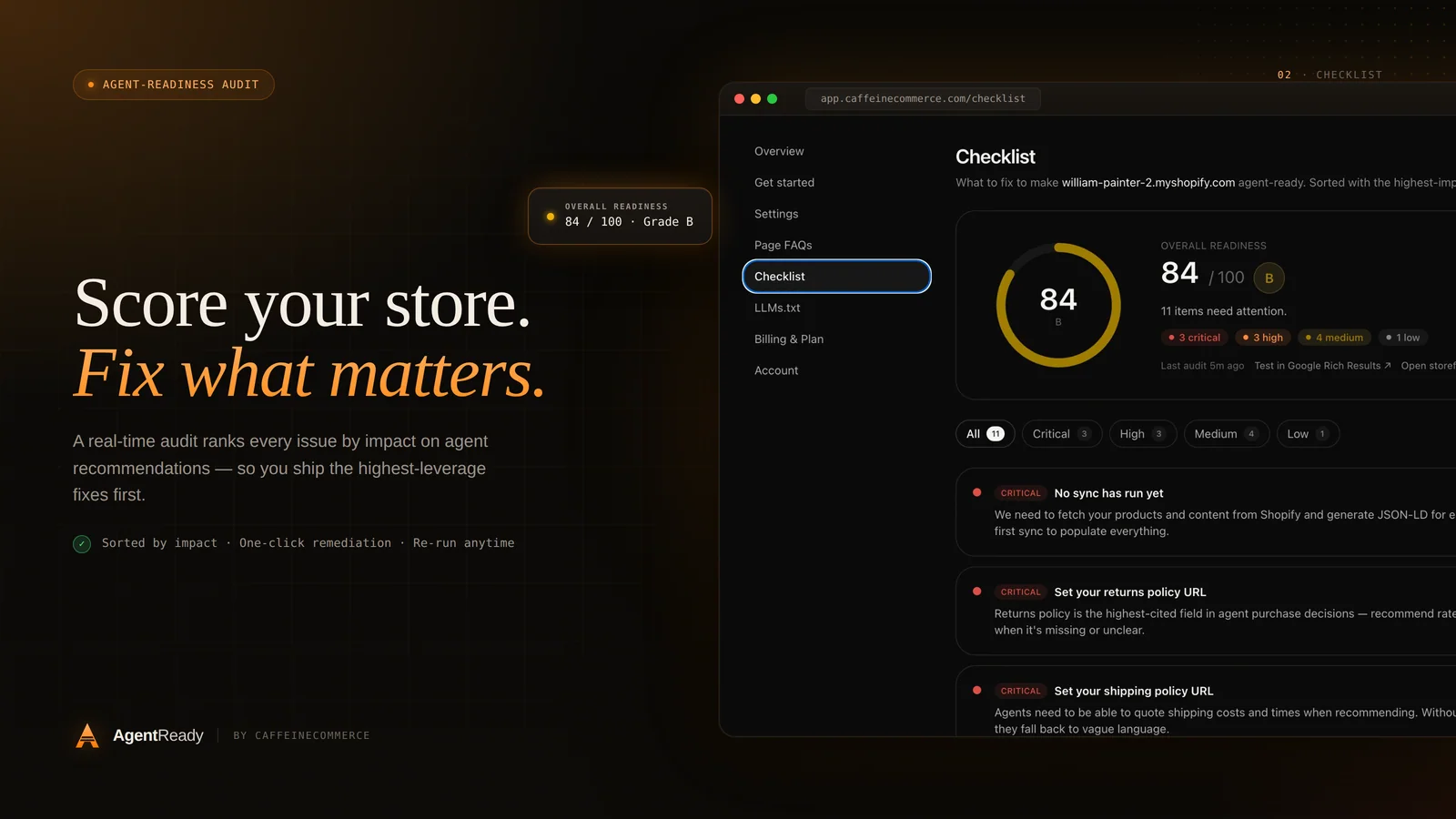 Score — A readiness score with the fixes that matter